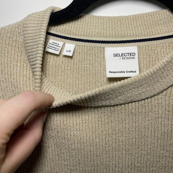 Selected Homme Ribbed Cream Organic Cotton Crewneck Pullover in size L - Picture 4 of 8